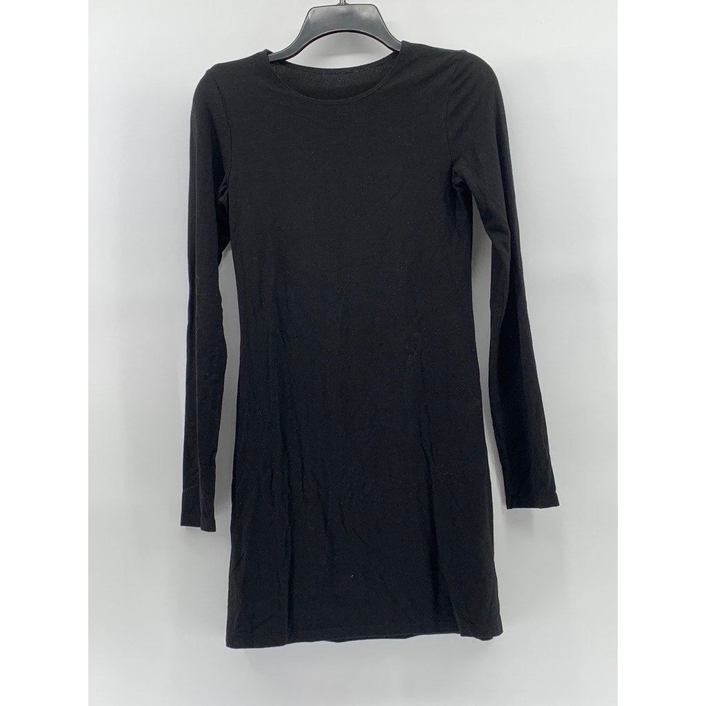 UNBRANDED Women's Black Solid Crewneck Long Sleeve Casual A-Line Mini Dress SZ S
