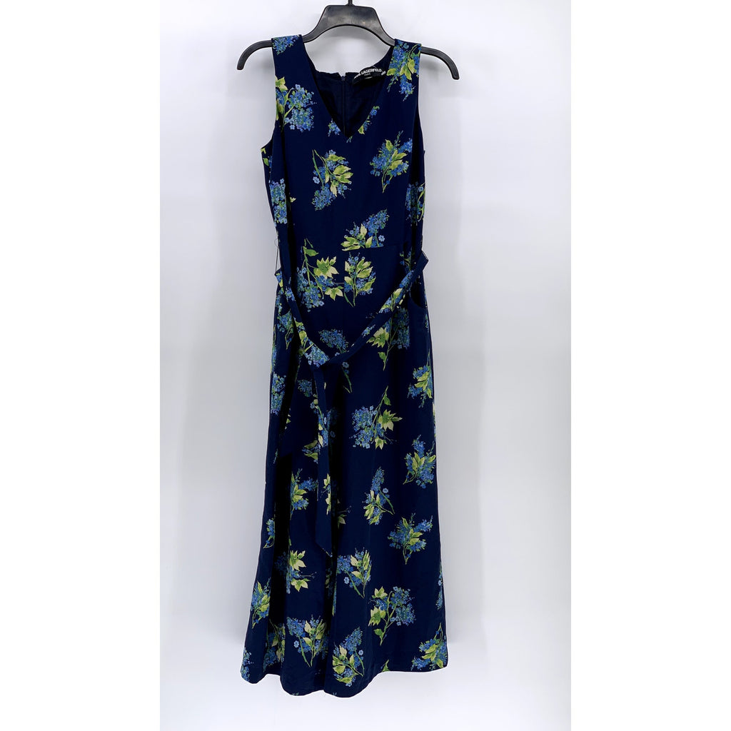 KARL LAGERFELD Women's Blue Floral V-neck Sleeveless Belted Maxi Dress SZ 4
