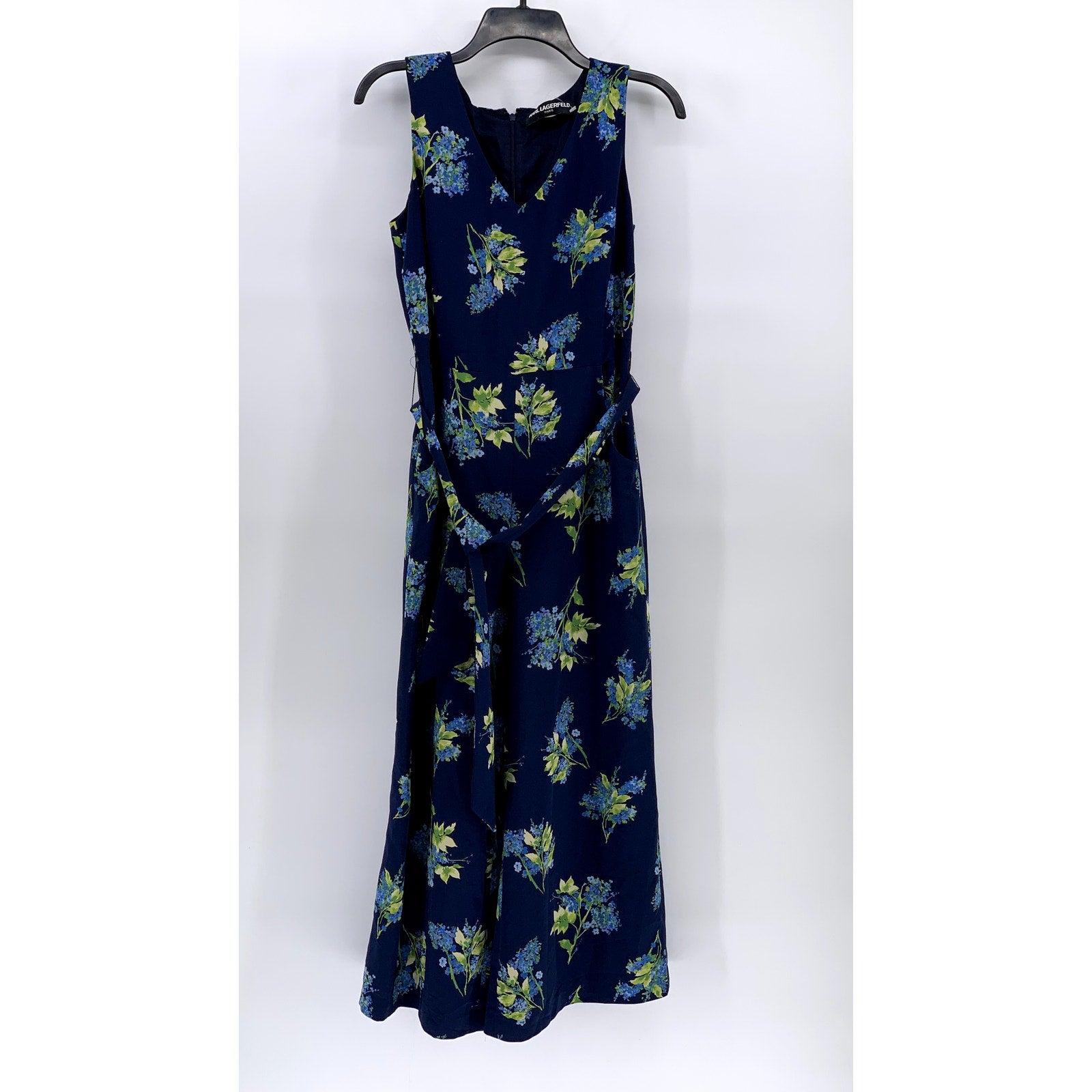 KARL LAGERFELD Women's Blue Floral V-neck Sleeveless Belted Maxi Dress SZ 4
