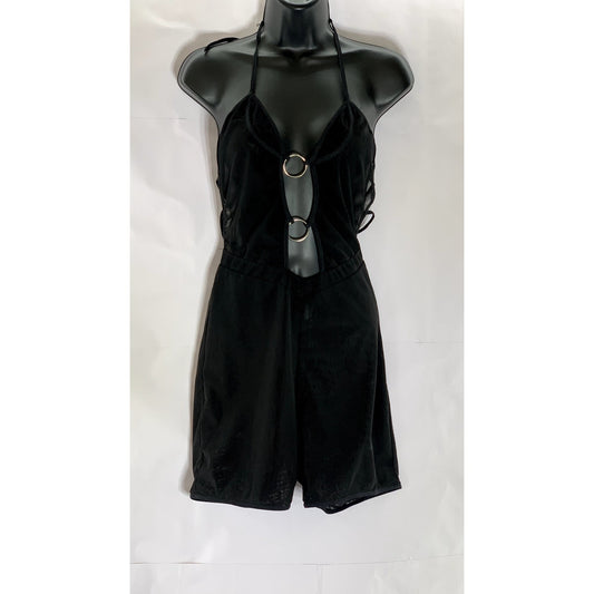 I.AM.GIA Women’s Black Mesh Kendra Plunging O-Ring Backless Romper SZ L