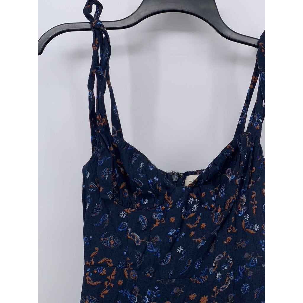 WILFRED Women's Navy Blue Floral V-Neck Tie-Sleeve A-Line Mini Dress SZ XS