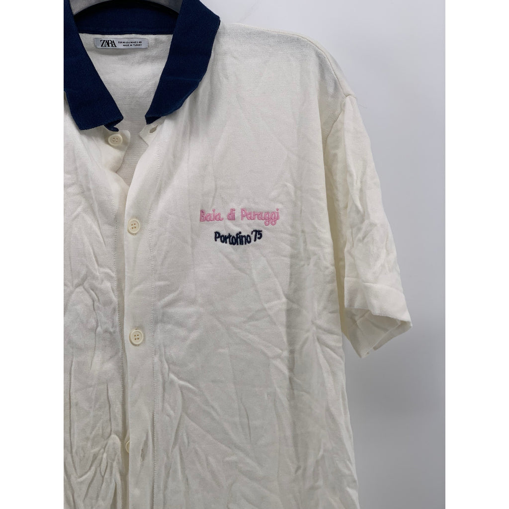ZARA Men's White-Navy Bai Di Paraggi Embroidered Button-Up Polo Shirt SZ M
