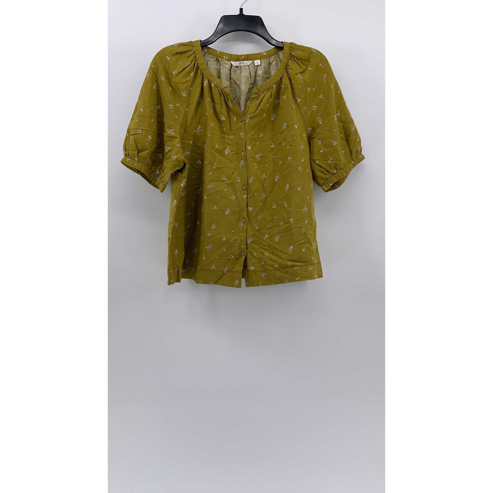 UNIQLO Women's Yellow Floral Linen-Blend Volume Short Sleeve Button-Up Top SZ S