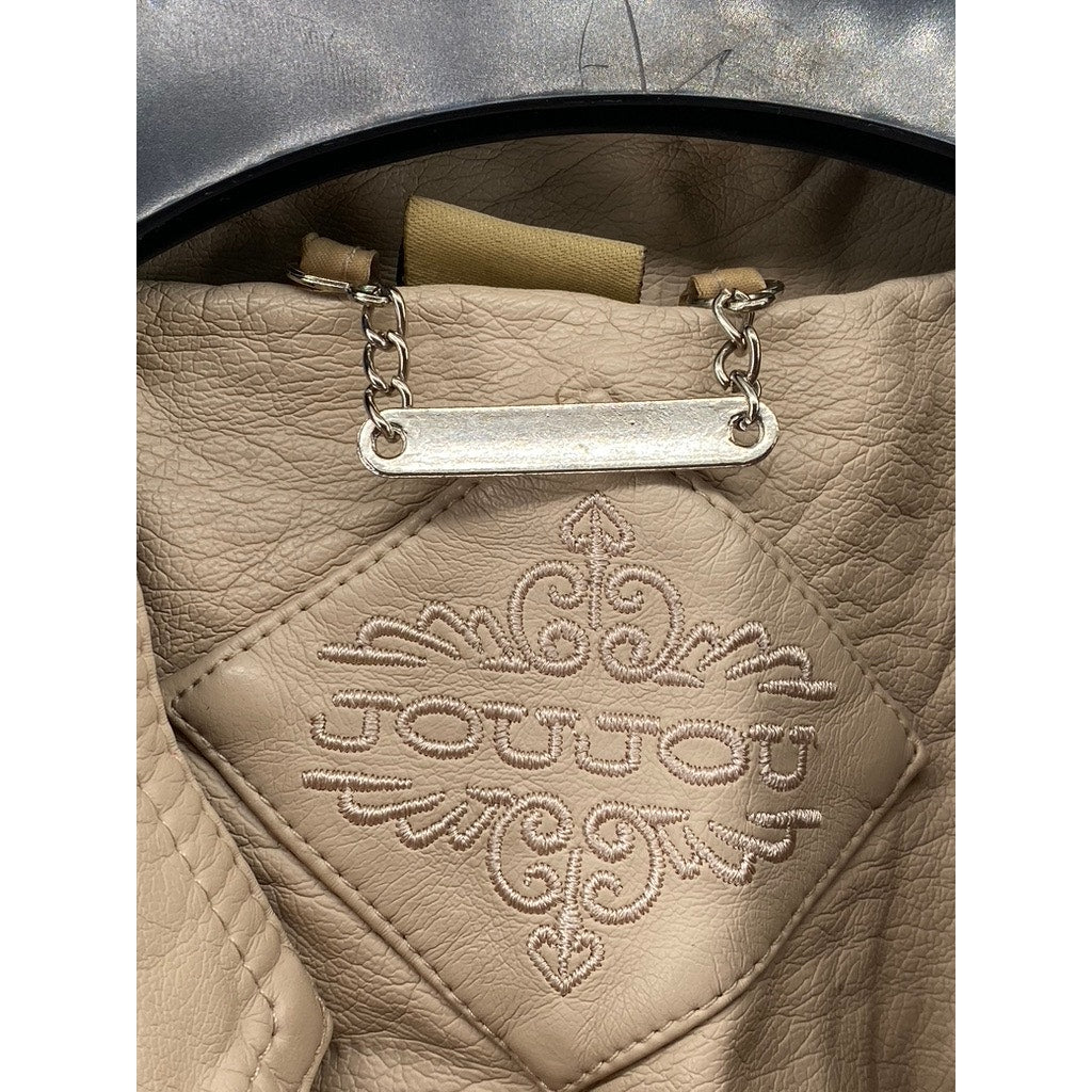 JOUJOU Women's Beige Faux-Leather Collarless Zip-Up Moto Jacket SZ M