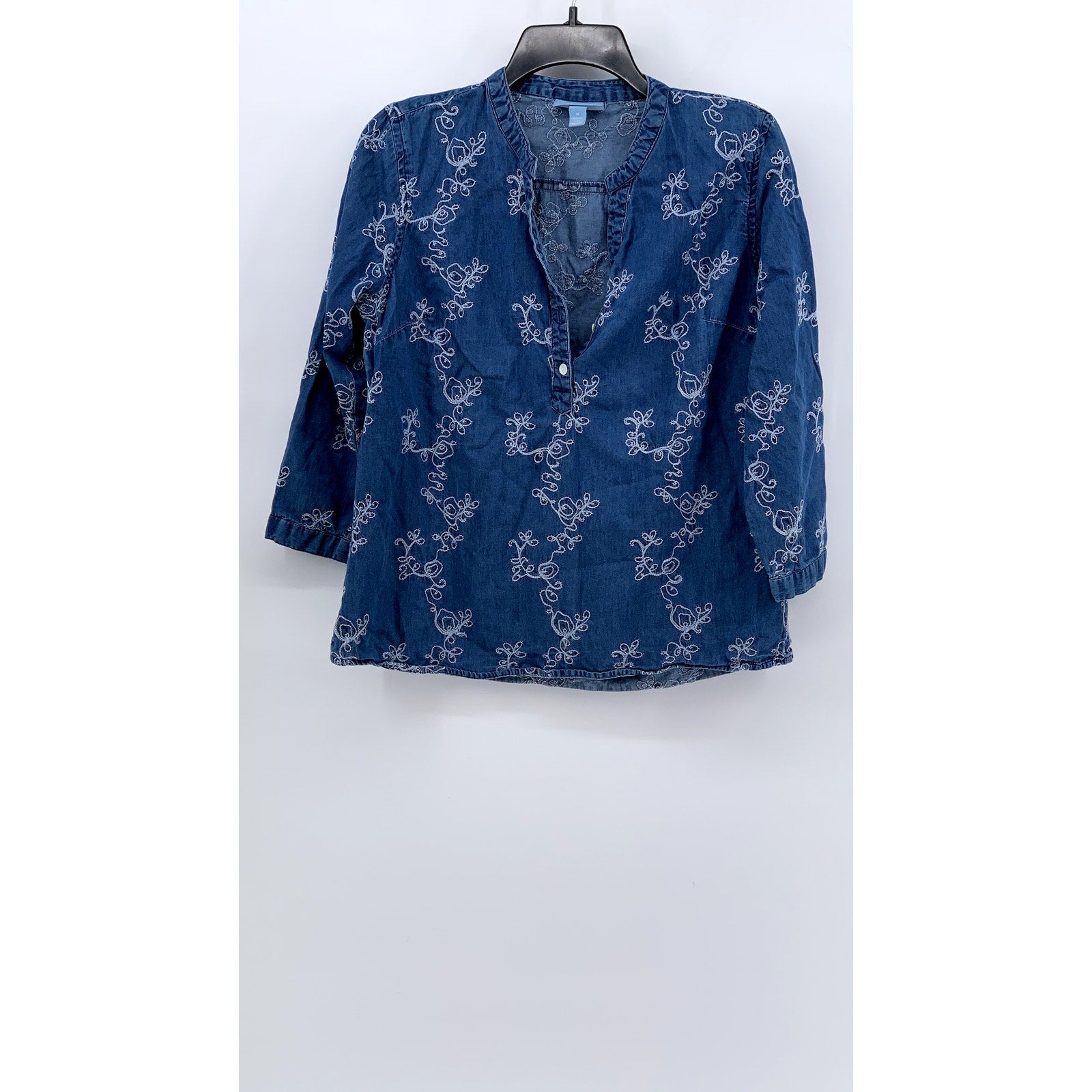 KORET Women's Blue Embroidered Split-Neck Long Sleeve Top SZ M