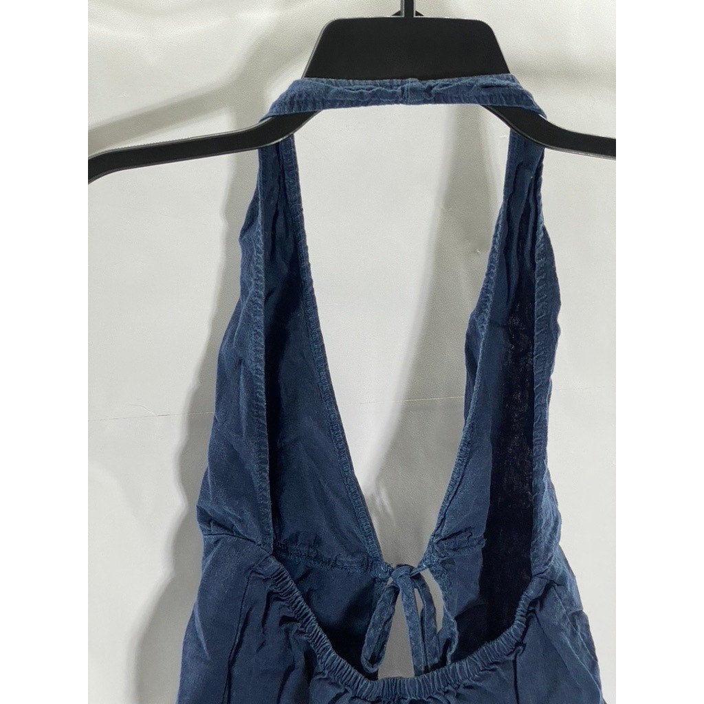 MELVILLE Women's Dark Blue Demin Linen-Blend Tie-Front Halter Crop Top SZ S