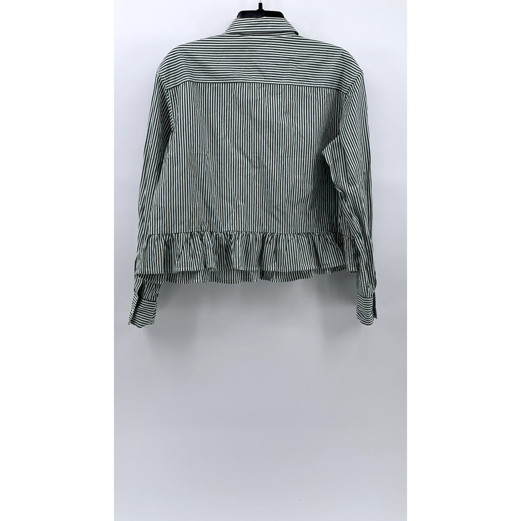 GAP Women's Green-White Striped Ruffle Hem Button-Up Long Sleeve Top SZ S
