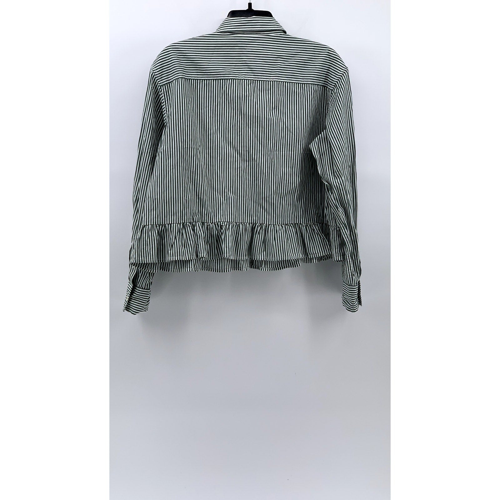 GAP Women's Green-White Striped Ruffle Hem Button-Up Long Sleeve Top SZ S