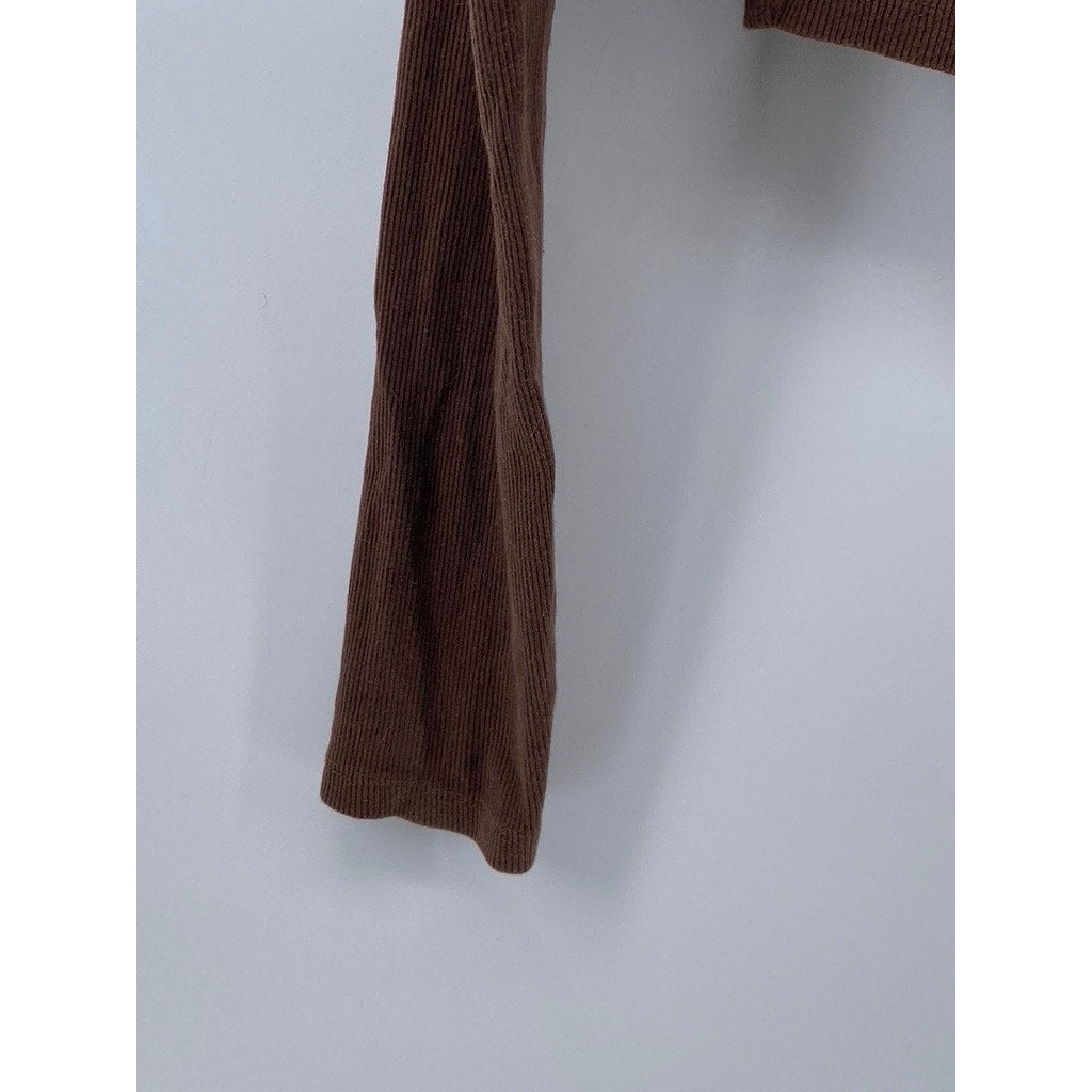 ZARA Women's Brown Ribbed Long Sleeve Casual Polo Crop Top SZ M