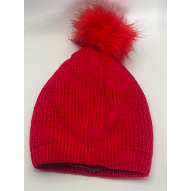 NYC Women's Red Ribbed Rhinestone Embellished Pom-Pom Faux Fur Lined Beanie SZOS