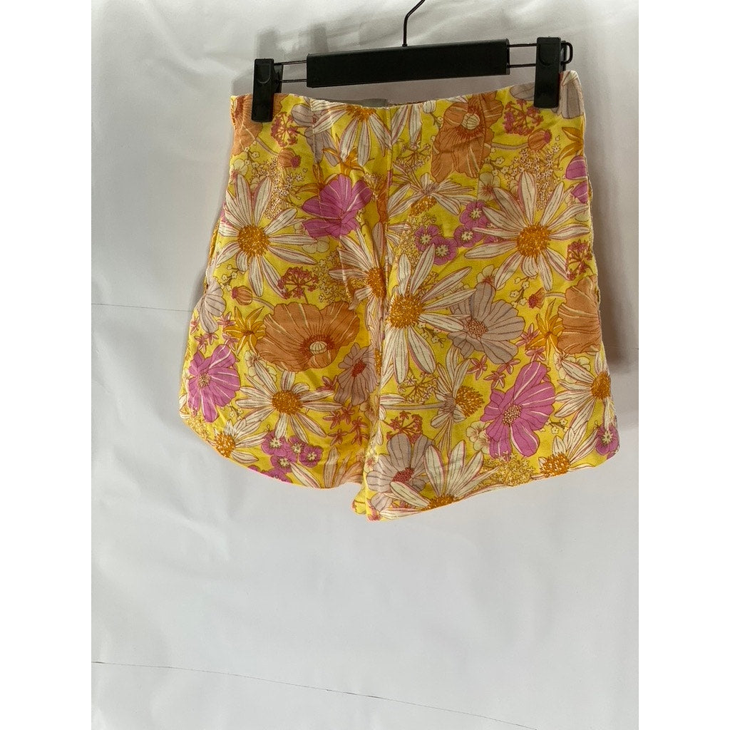 H&M Women’s Orange Floral Linen-Blend High-Waist Shorts SZ 6