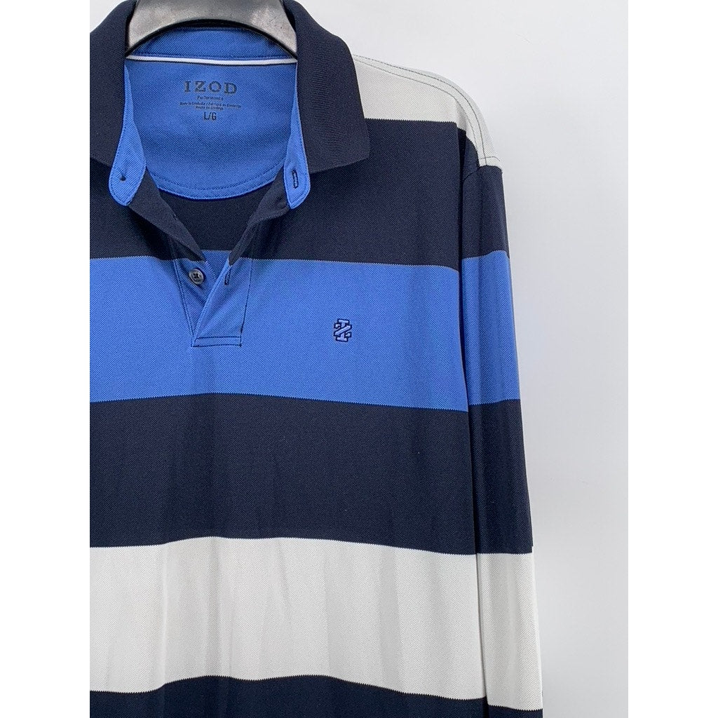 IZOD Men's Navy Blue Striped Textured Long Sleeve Polo Shirt SZ L