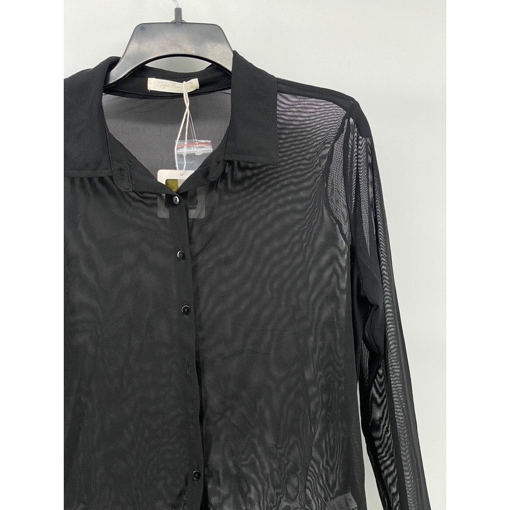 SUGAR RAIN Women’s Black Sheer Button-Up Long Sleeve Top SZ XL