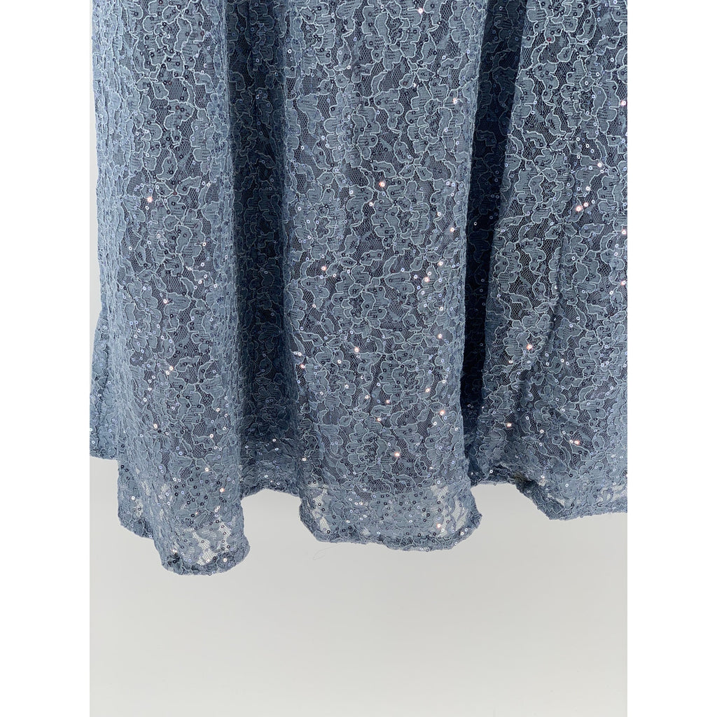 SLNY Women's Blue Sequin Embellished Floral Lace Short Sleeve A-Line Dress SZ 10