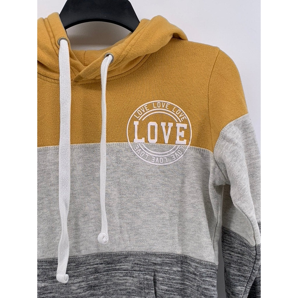 REFLEX Women's Yellow-Gray Love Logo Color Block Hoodie SZ S
