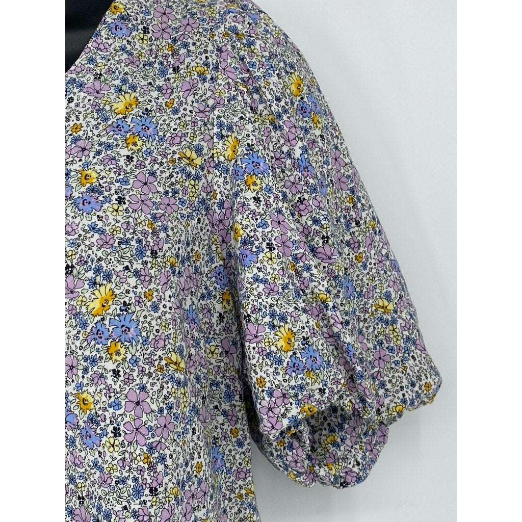 LEVI’S Women’s White Floral Print Button-Up Short Puff Sleeve Crop Top SZ M