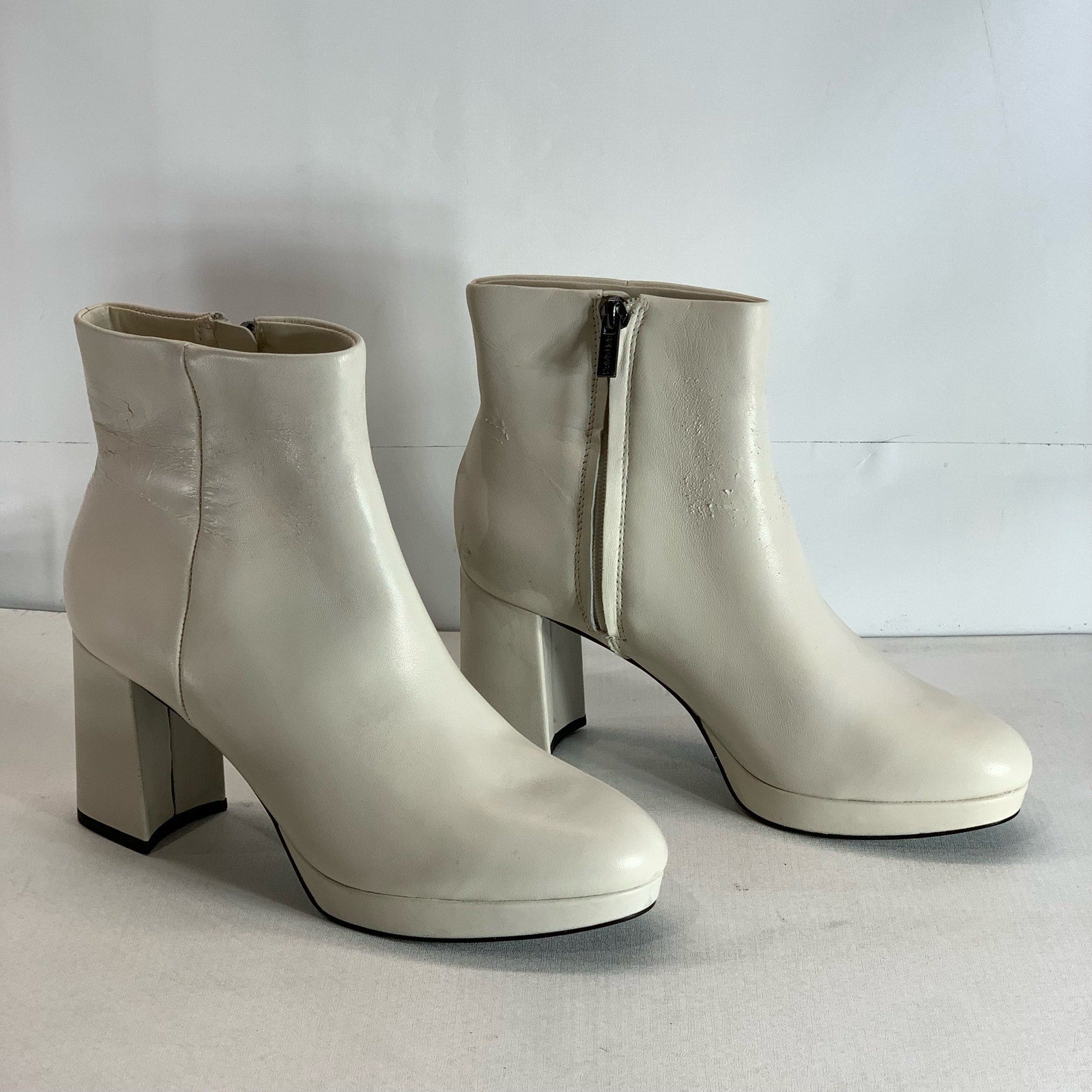 CALVIN KLEIN Women's Ivory Leather Uda Platform Block-Heel Dress Booties SZ 7