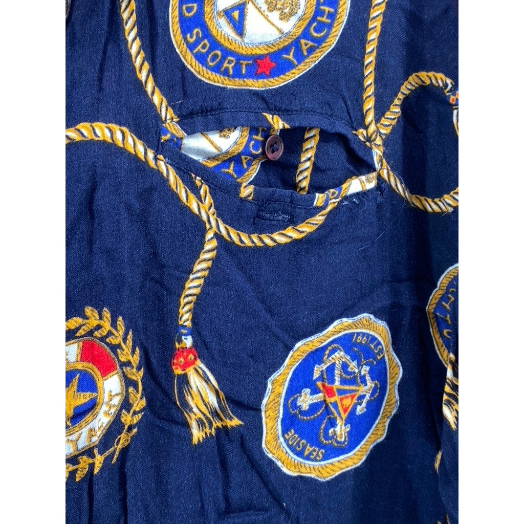 HUNTERS RUN Women's Vintage Navy Nautical Sailor Short Sleeve Button-Up Top SZ L
