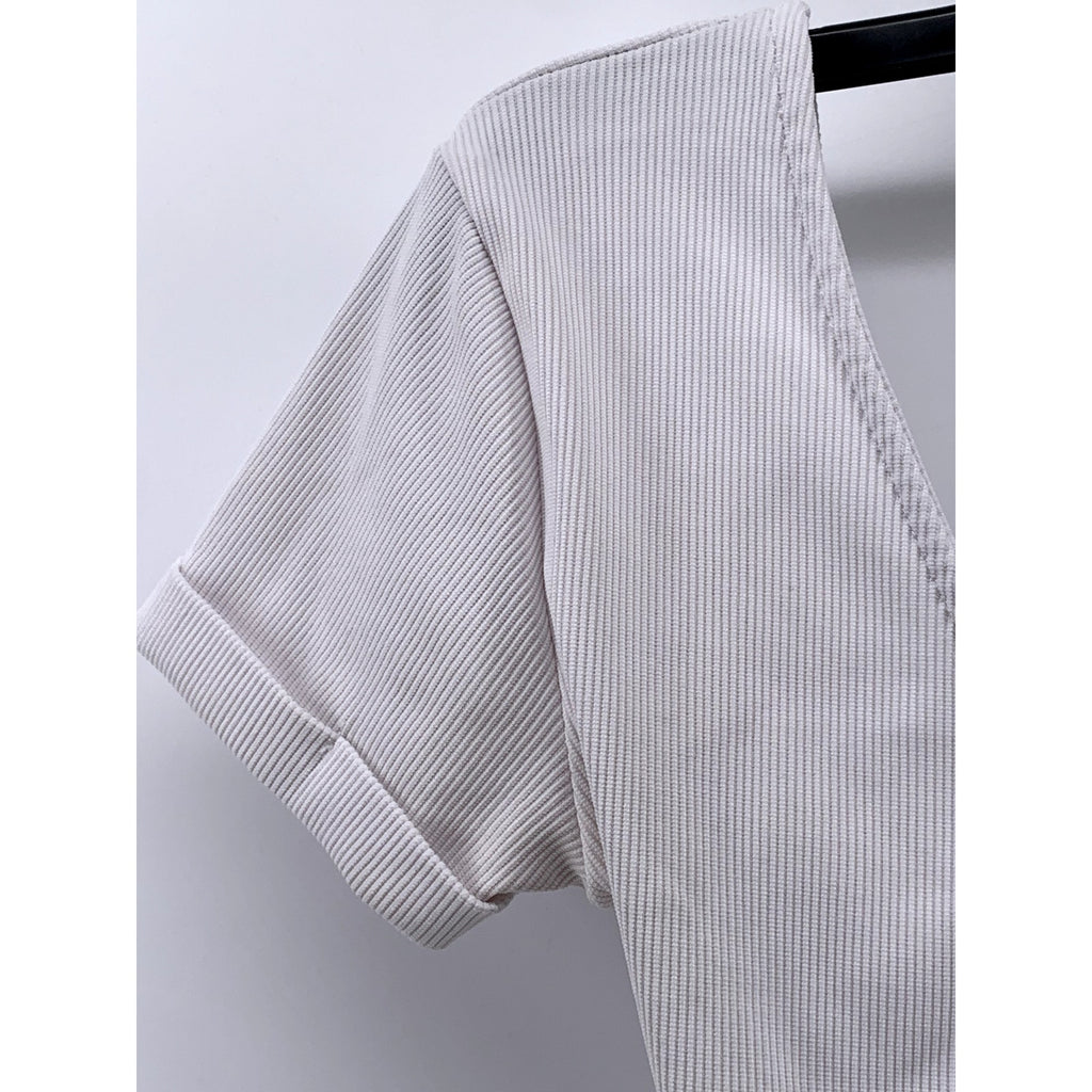 REVAMPED Women's White Ribbed V-Neck Short Sleeve Cropped Wrap Top SZ S