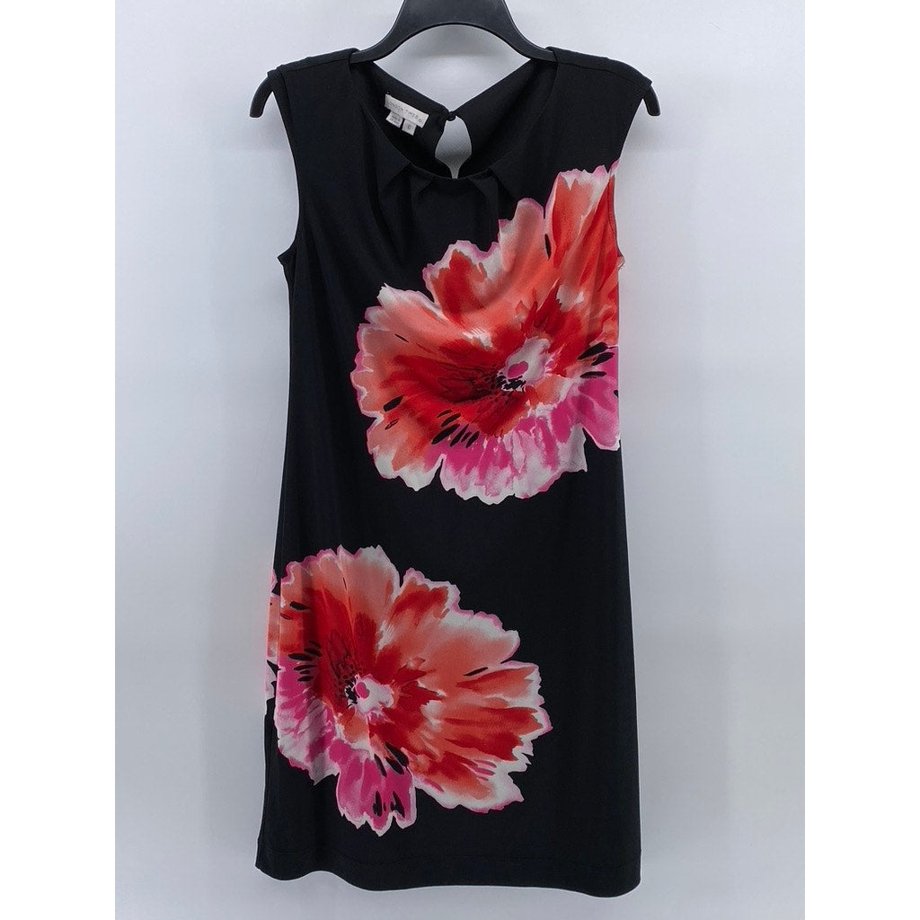 LONDON TIMES Women's Black Floral Crewneck Sheath Knee Length Dress SZ 6