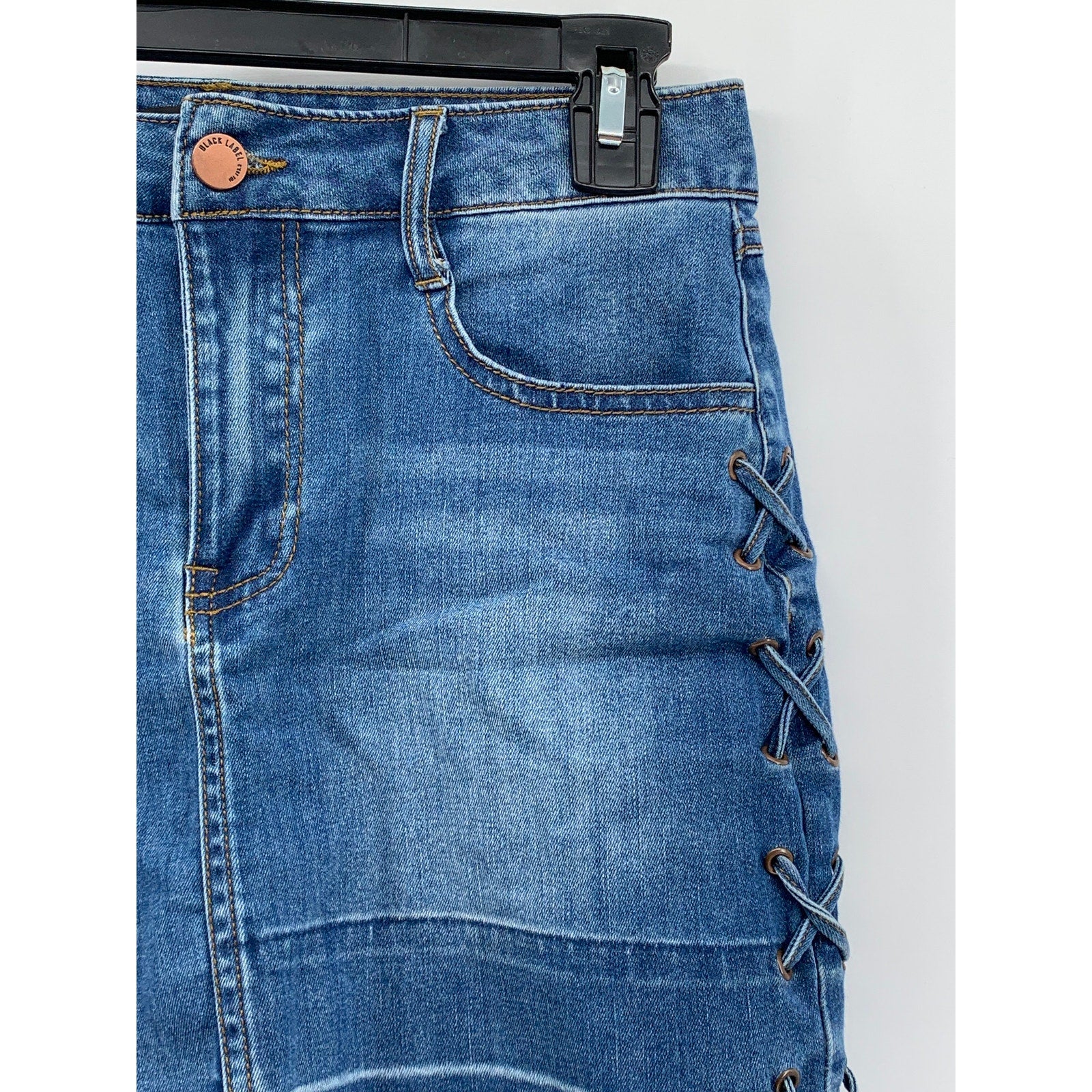 BLACK LABEL C'EST TOI Women's Blue Denim Frayed Lace-Up Straight Mini Skirt SZ M