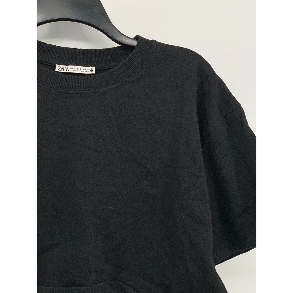 ZARA Women's Black Solid Crewneck Cropped T-Shirt SZ S