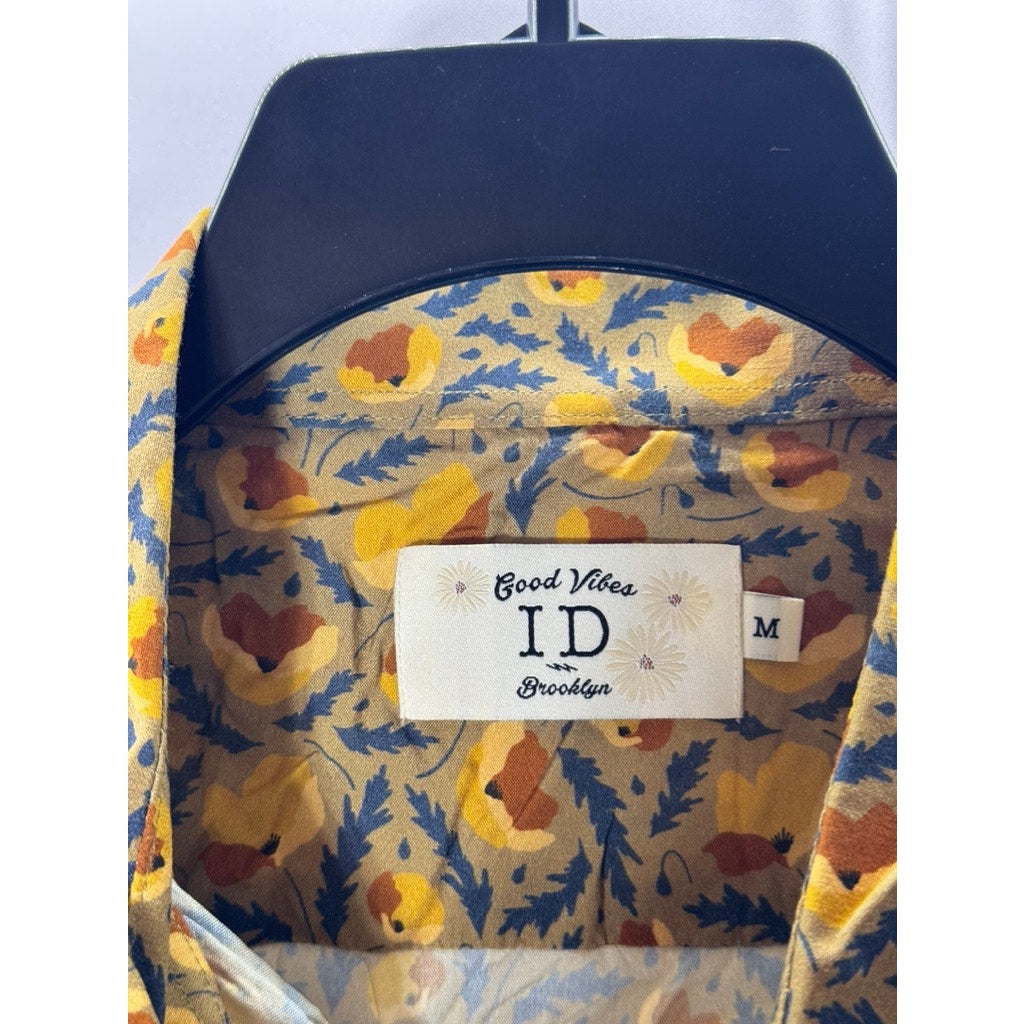 ID MENSWEAR Men's Yellow Printed Good Vibes Button-Up Short Sleeve Shirt SZ M
