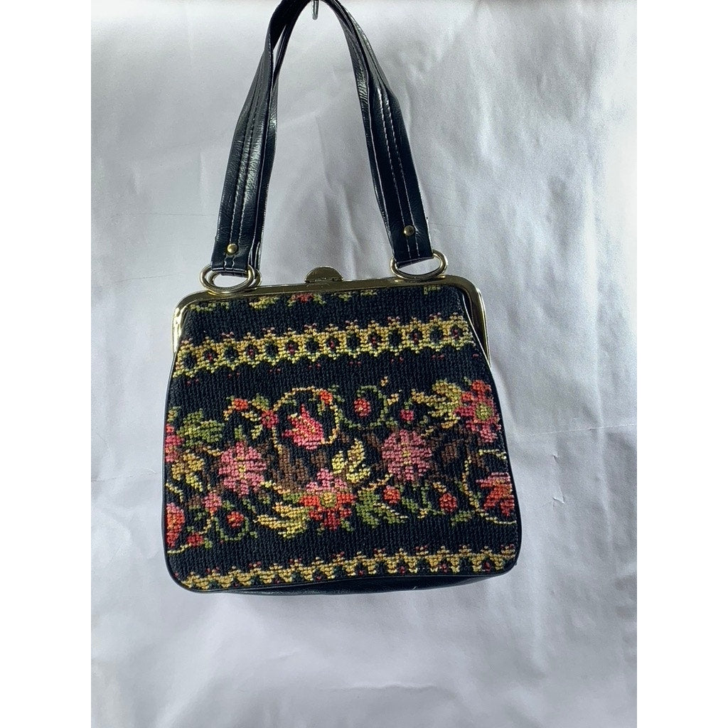 Women's Black Needle-Point Vintage 60's Square Tapestry Carpet Chic Shoulder Bag