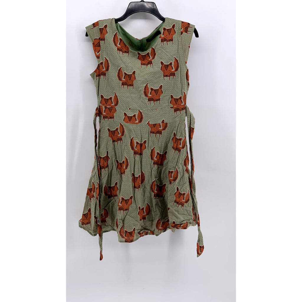 SM WARDROBE Women's Green Fox Print Sleeveless Tie-Back Mini Dress SZ S