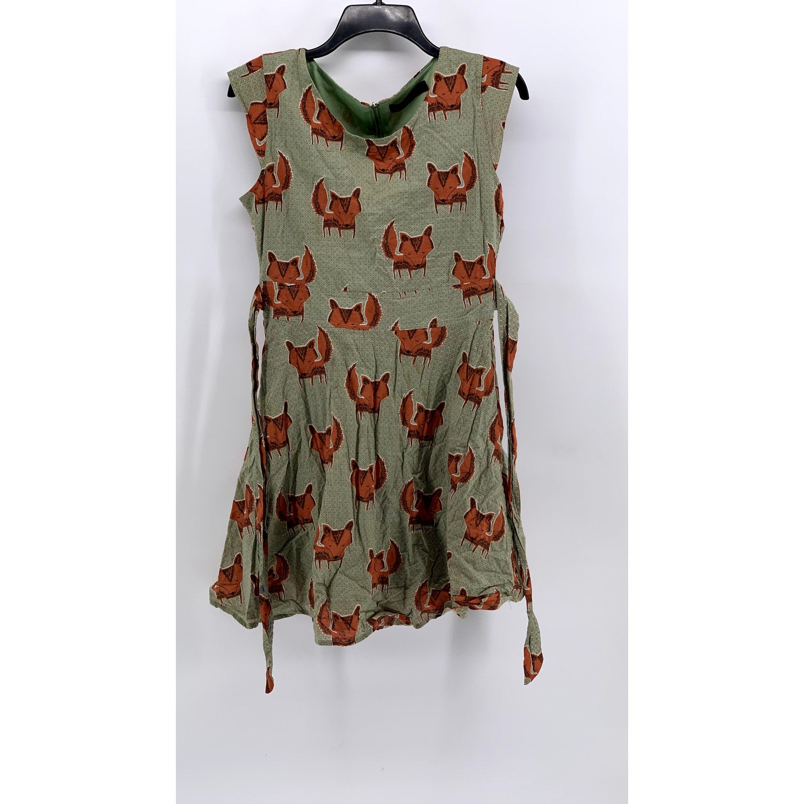 SM WARDROBE Women's Green Fox Print Sleeveless Tie-Back Mini Dress SZ S