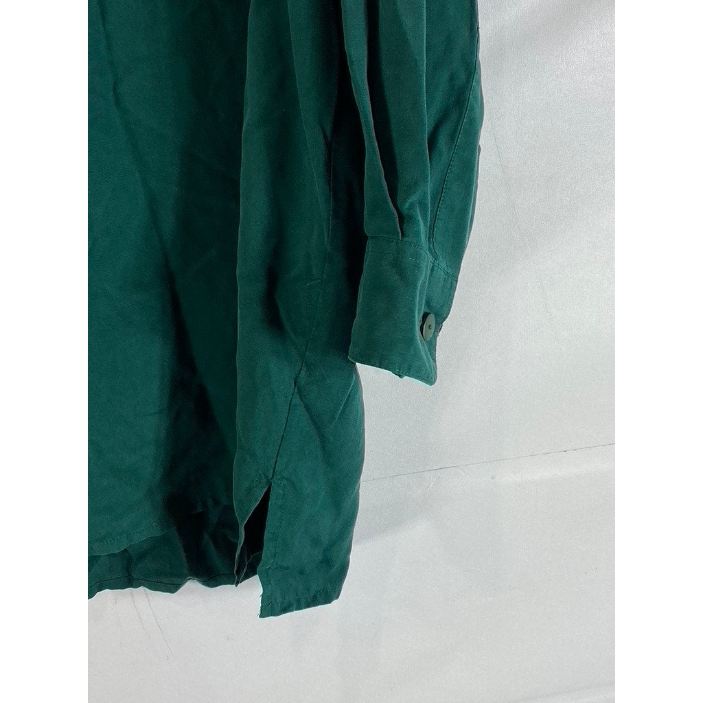 B. MOSS Women's Dark Green Flap Chest Pocket Button-Up Long Sleeve Silk Top SZ L