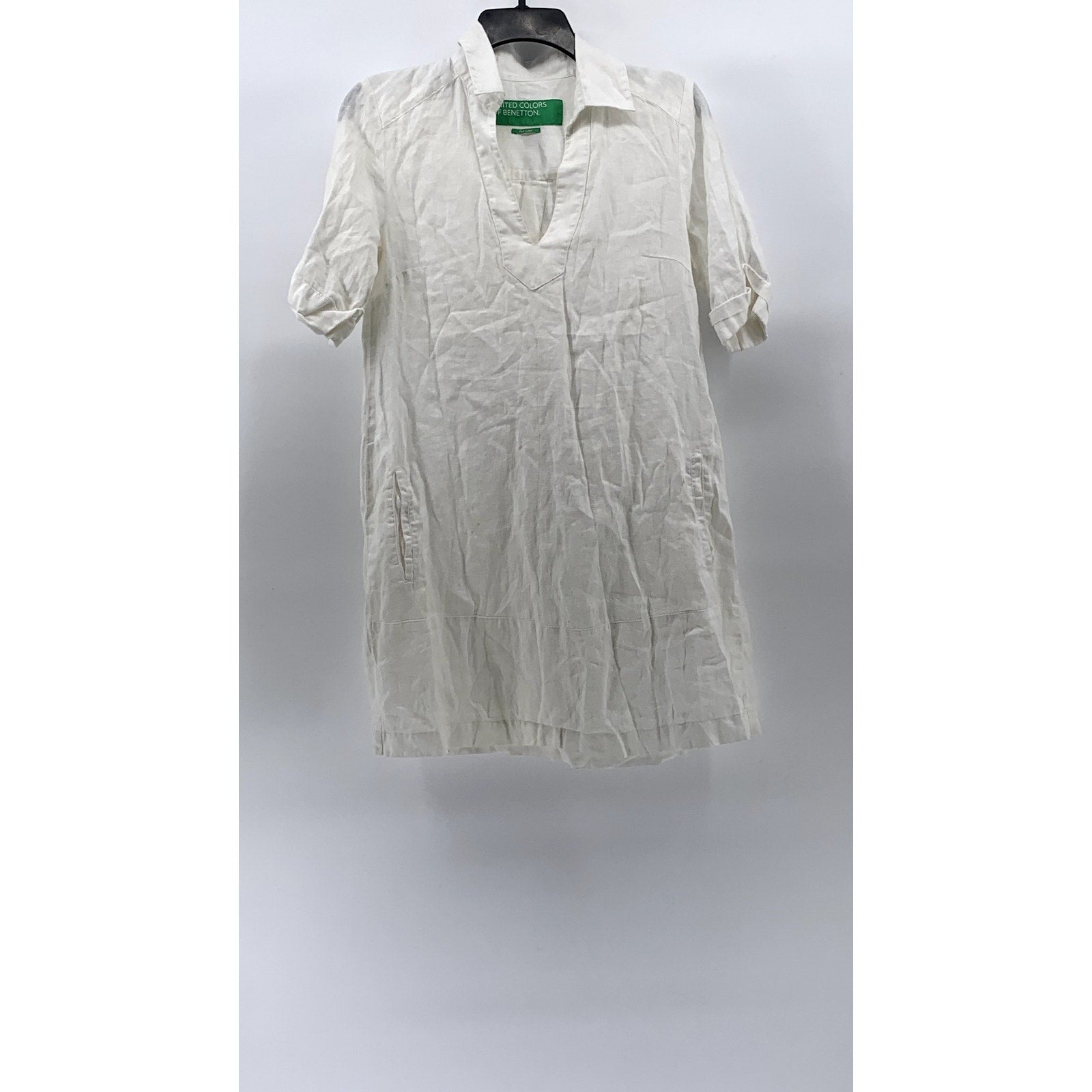 UNITED COLORS OF BENETTON Women's White Linen Split-Neck A-Line Mini Dress SZ XS