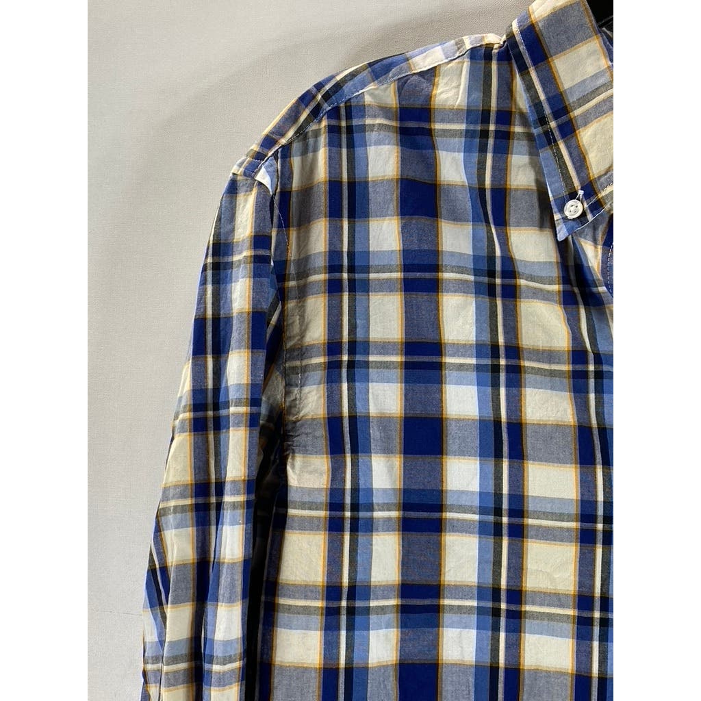 J.CREW Men's Blue/Yellow Plaid Flex Washed Slim-Fit Untucked Button-Up Shirt SZM