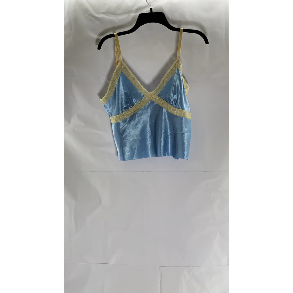 E.K. DESIGNS Women's Light Blue-Beige Satin Lace-Trim Adjustable Cami Top SZ M