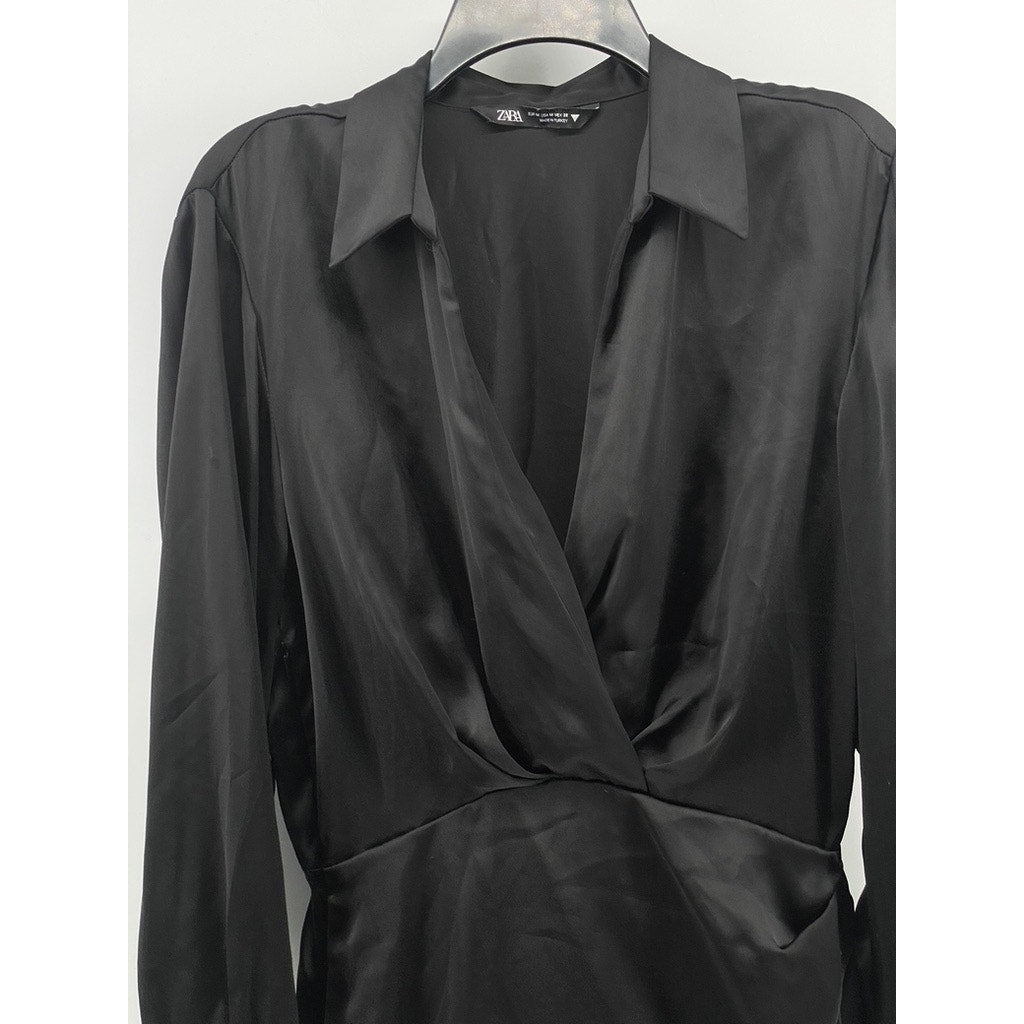ZARA Women's Black Surplice Neck Long Sleeve Collared Side-Ruched Mini Dress SZM