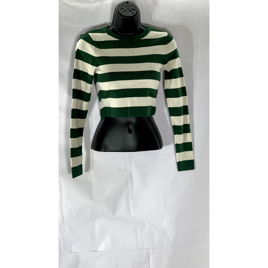 ZARA Women's Green-Cream Striped Crewneck Long Sleeve Cropped Top SZ S