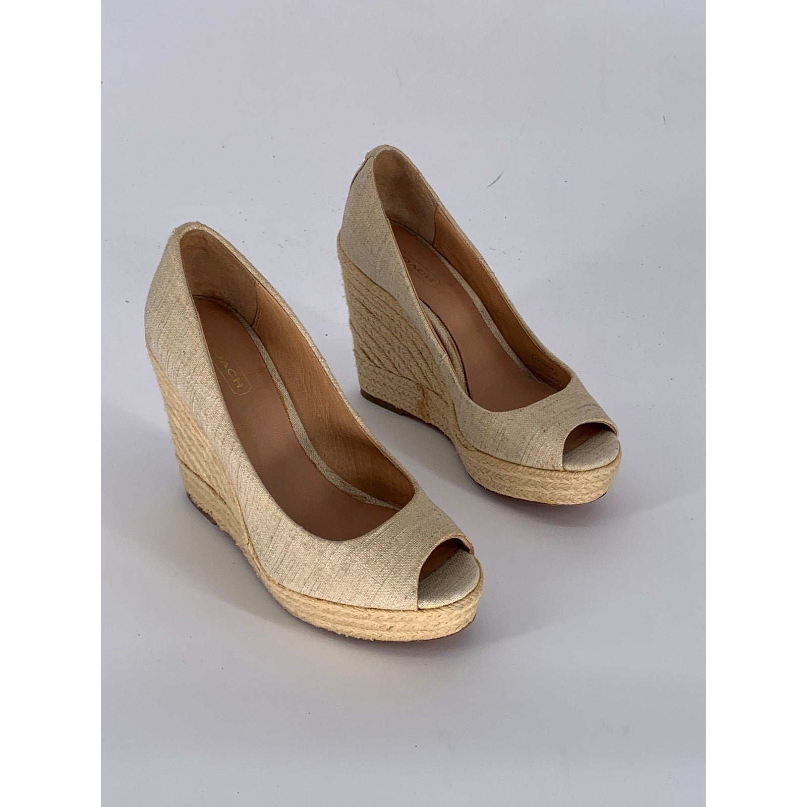 COACH Women's Beige Milan Peep-Toe Canvas Espadrille Wedge Platform Heels SZ 6B