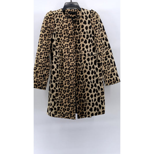 ZARA Women’s Tan-Black Animal Print Snap-Button Long Sleeve Collarless Coat SZ S