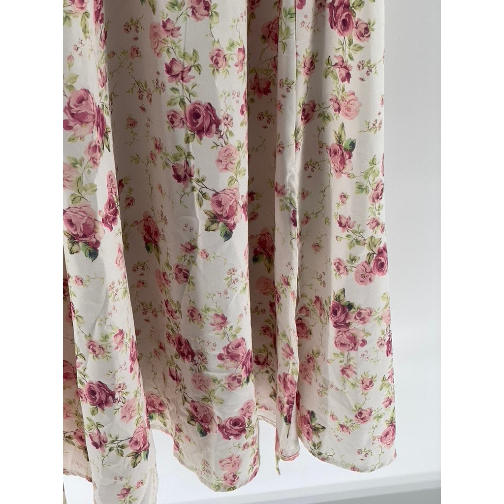 UNBRANDED Women's White-Pink Floral Sweetheart-Neck Side Slit Maxi Dress SZ M