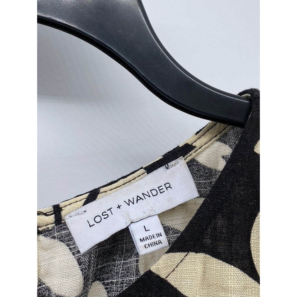 LOST & WONDER Women's Black-Beige Tropic Flair Printed Crewneck Jumpsuit SZ L