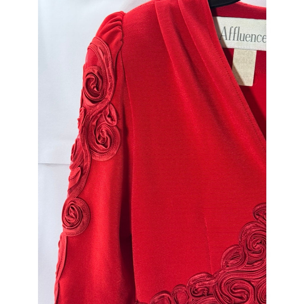 AFFLUENCE Women's Bright Red 3D Floral Trim V-Neck Split-Hem Maxi Gown SZ S
