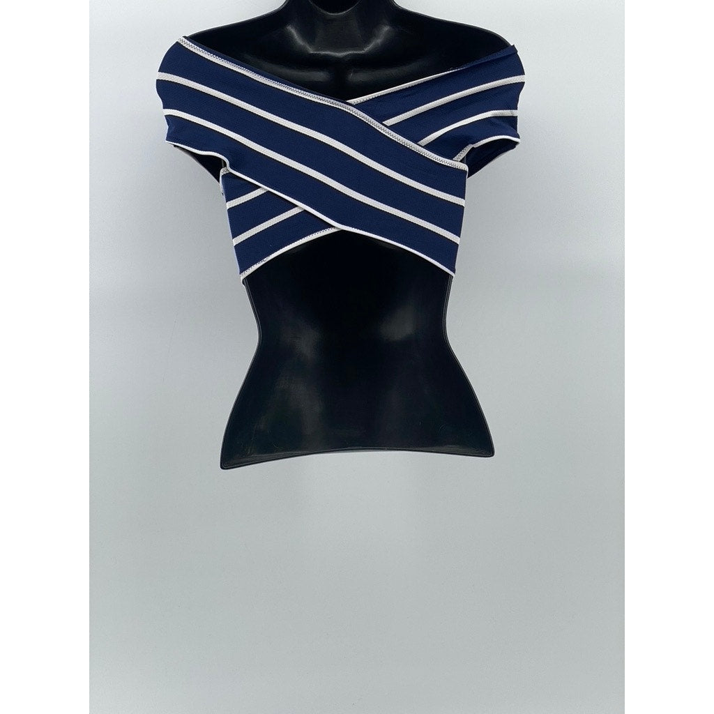 UNBRANDED Women's Navy Blue-White Striped Stretch Off-The-Shoulder Crop Top SZ S