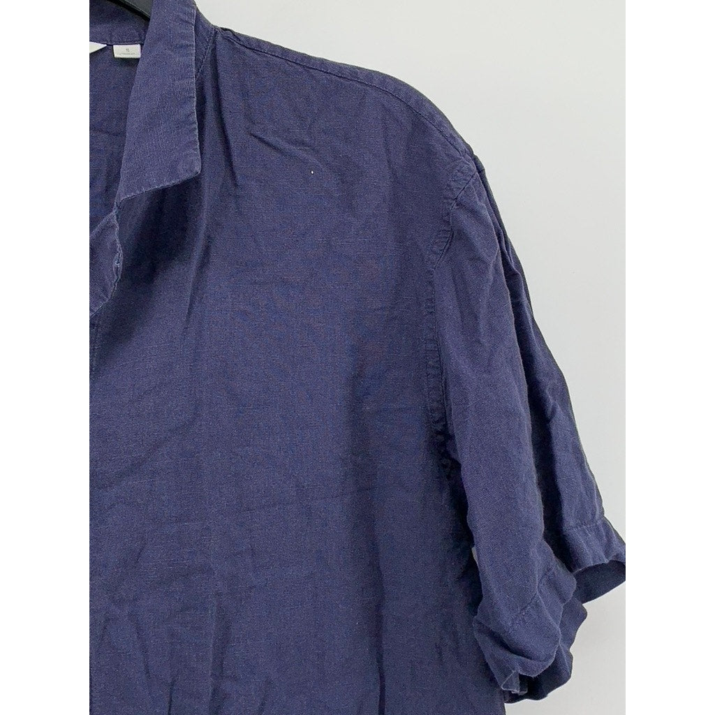 UNIQLO Women's Navy Linen-Blend Button-Up Short Sleeve Open Collar Top SZ S
