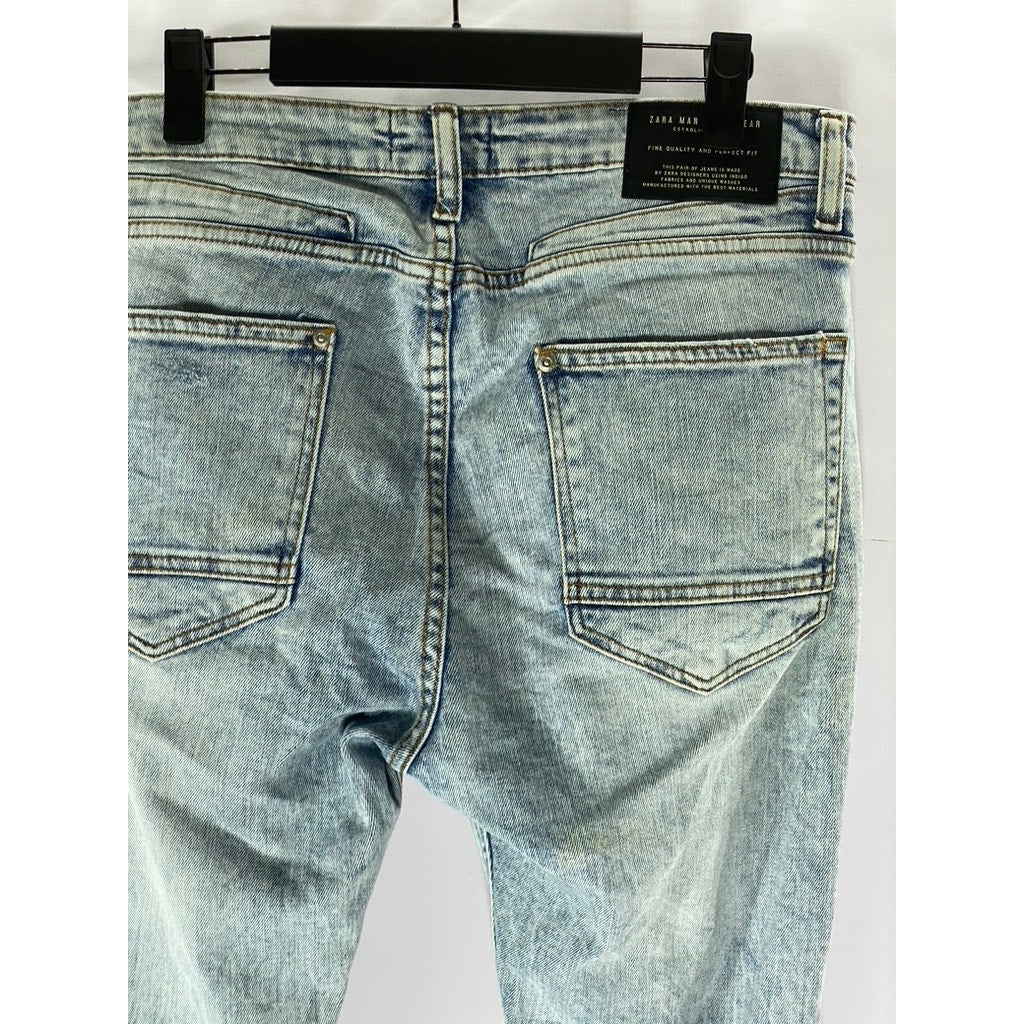 ZARA Men’s Light Blue Wash Denim Distressed Slim-Leg Button-Fly Jean SZ 32