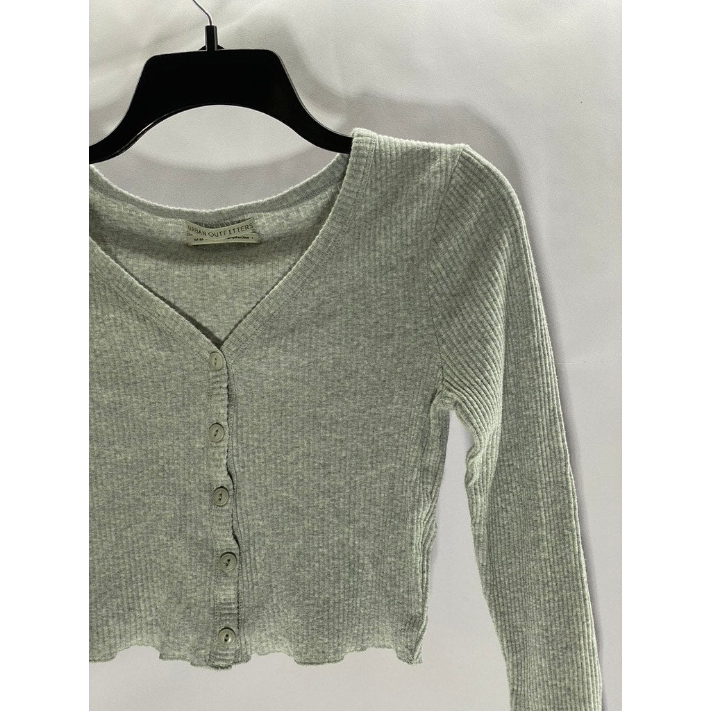 URBAN OUTFITTERS Women's Gray Ribbed Button-Front Long Sleeve Crop Top SZ M
