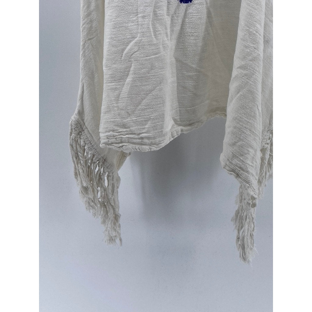 FOREVER 21 Women's White-Blue Embroidered Fringe Asymmetrical Tank SZ S