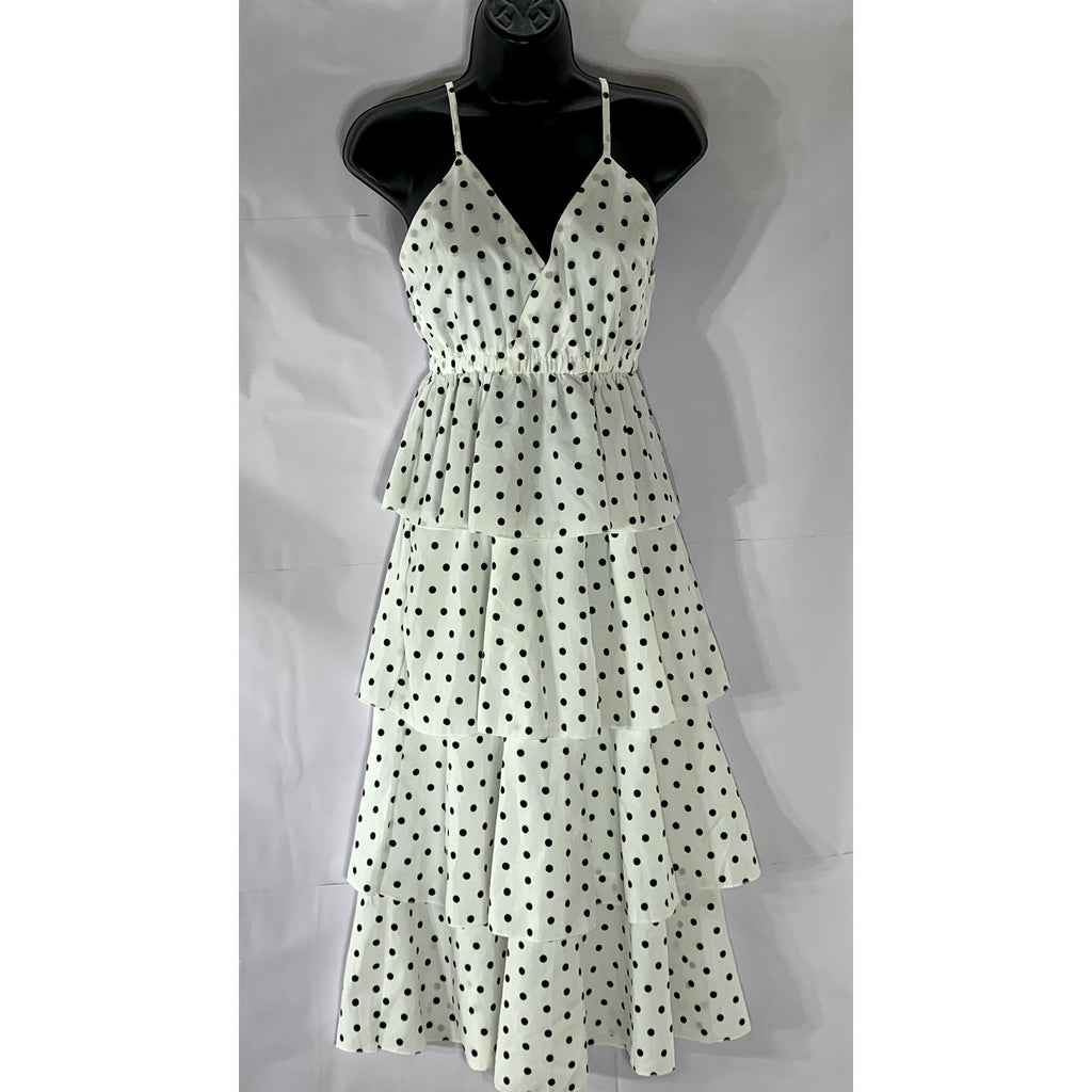 UNBRANDED Women's White-Black Polka-Dot V-Neck Tiered Midi Dress SZ S