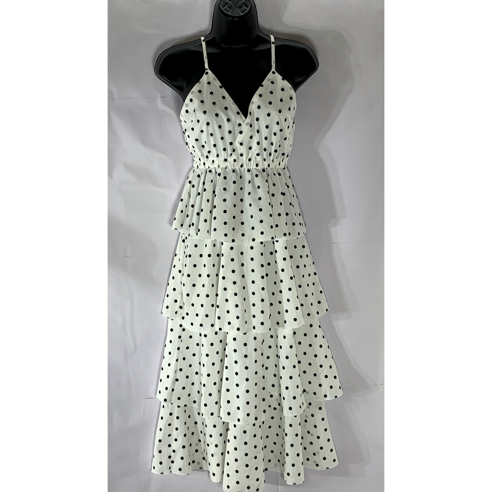 UNBRANDED Women's White-Black Polka-Dot V-Neck Tiered Midi Dress SZ S