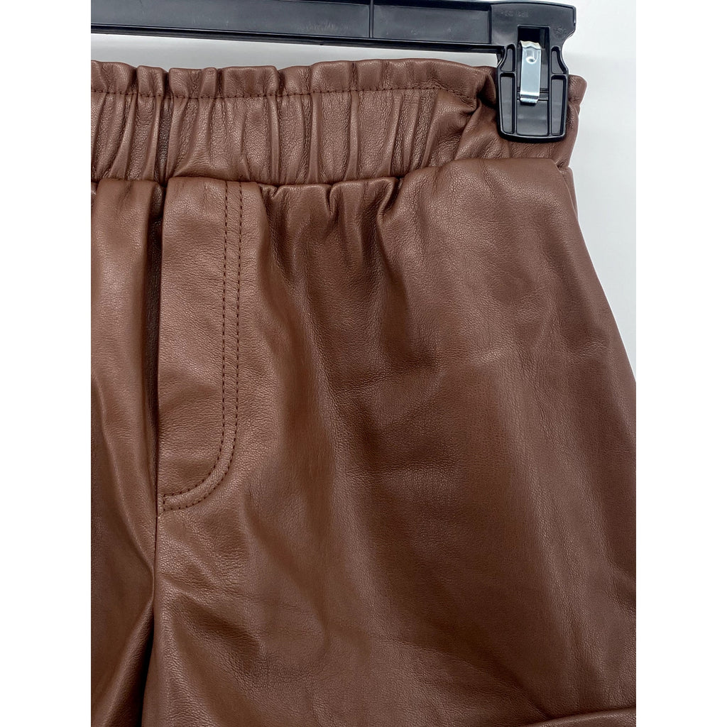 FORVER 21 Women's Brown Faux-Leather Pull-On Cuffed Paperbag Shorts SZ XS