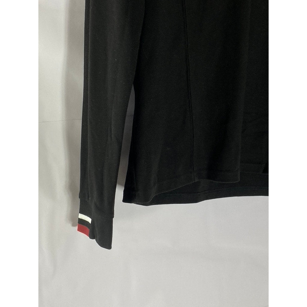 W[DABLJU:] Men's Black-Beige Embroidered 'B' Long Sleeve Polo Shirt SZ M